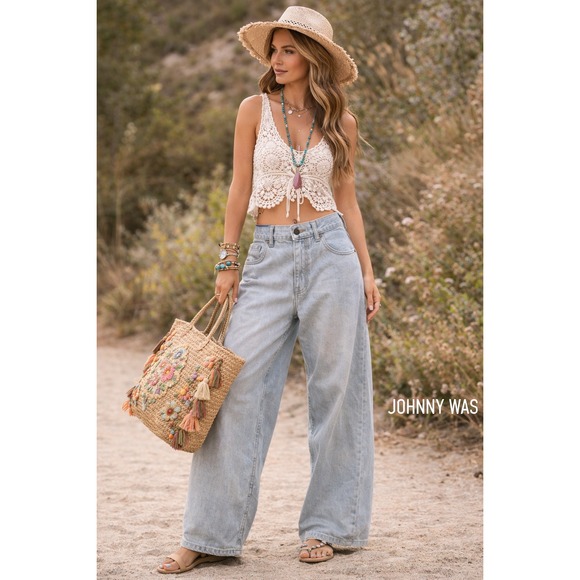 Johnny Was Washed High Rise Cropped Wide Leg Jeans JW1091CN8 Womens